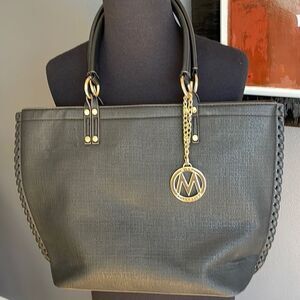 Miak Collection black faux leather woven textured gold hardware shoulder bag